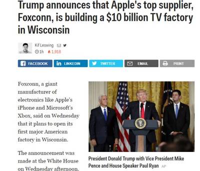 100億美元,數萬新工作 富士康將在美國建廠(圖)